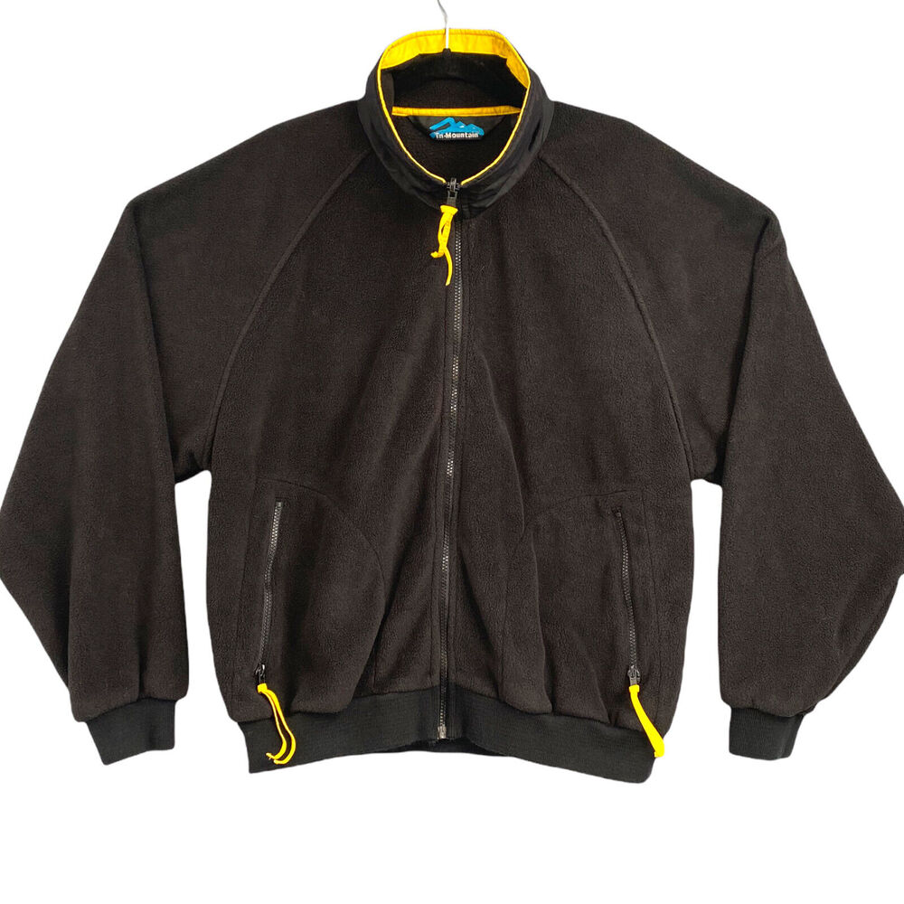 VTG Y2K Full Zip Fleece Jacket Mens M Black Yellow Zip Pockets Workwear Utility